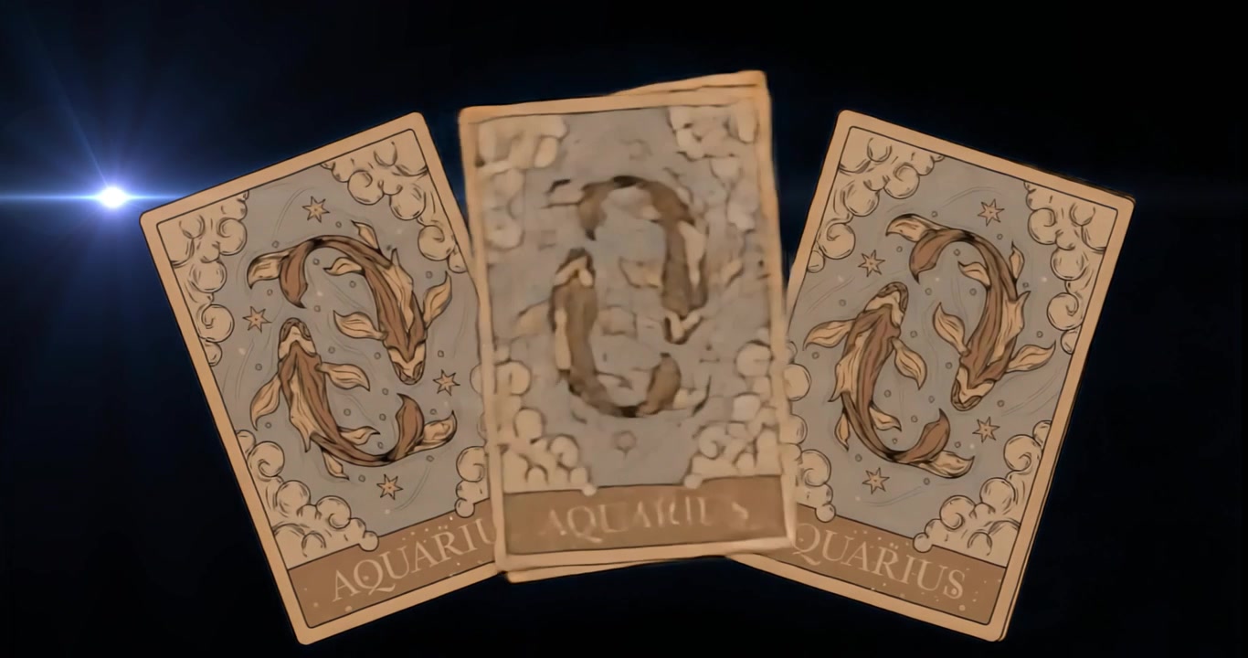 Al inicio, cuatro cartas de tarot de Acuario emergiendo en forma de abanico, flotando y reuniéndose bajo un destello azul envolvente.