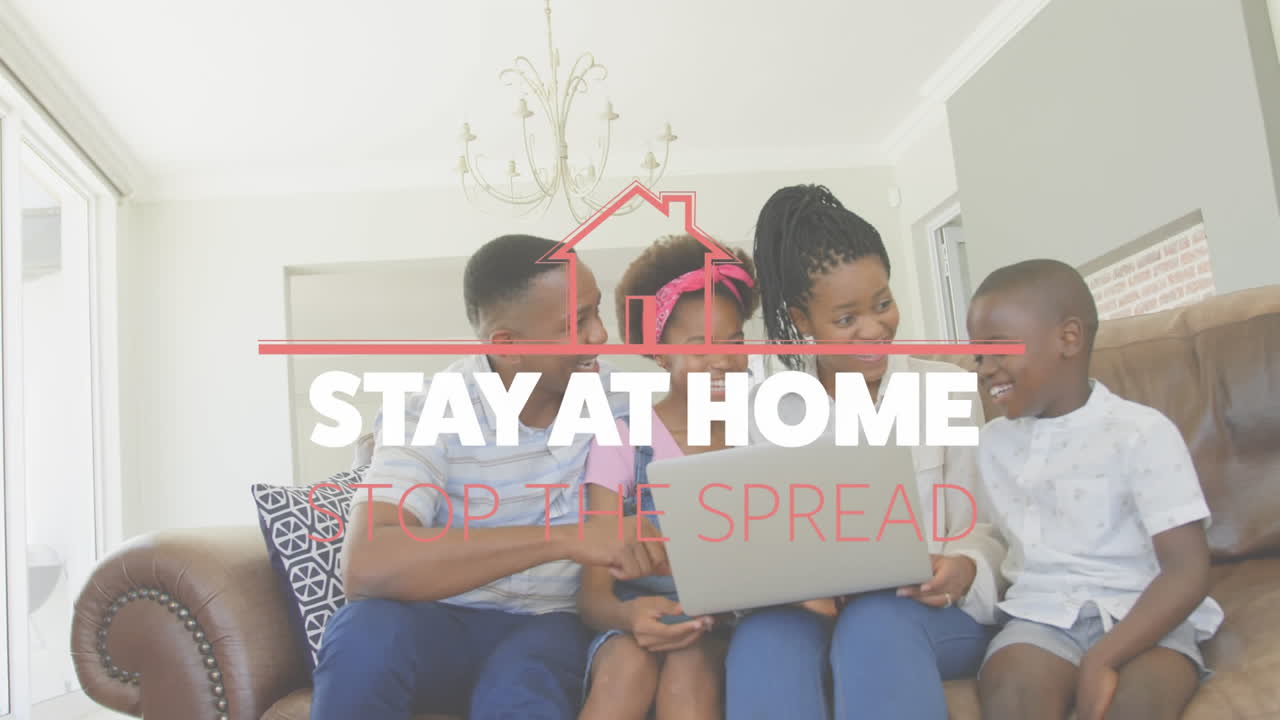 아프리카계 미국인 가족이 배경으로 집에 머물면서 확산을 막는 단어의 애니메이션