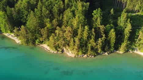 4k-österreichischer-Seewald-Lufthintergrund,-Smaragdgrünes-Wasser,-Hineinzoomen,-Goldene-Stunde