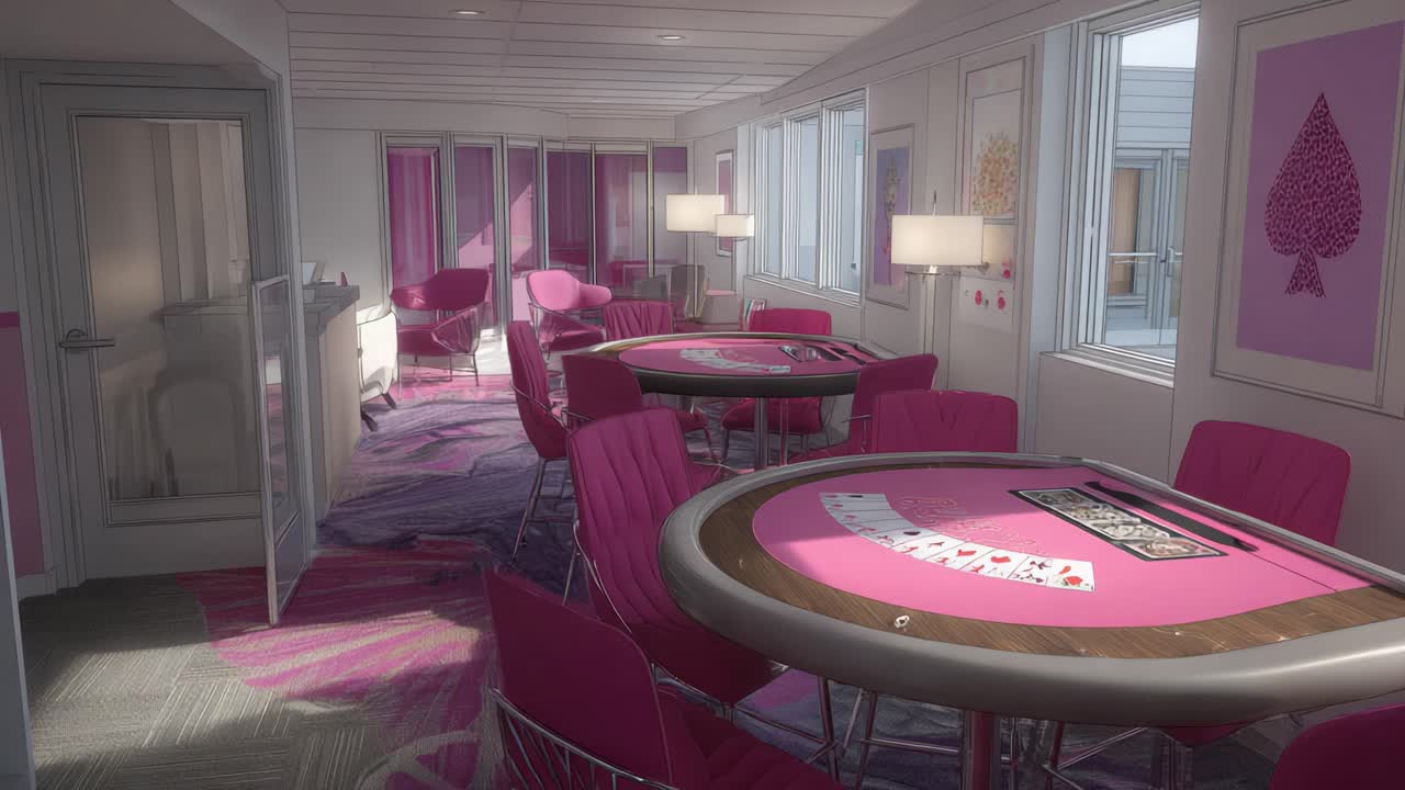 A modern, vibrant gaming lounge featuring stylish pink decor, card tables, and large windows, offering a luxurious atmosphere for players and guests
