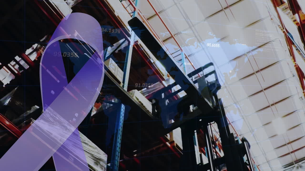 데이터 처리의 애니메이션 세계 지도와 암 리본을 창고 위에