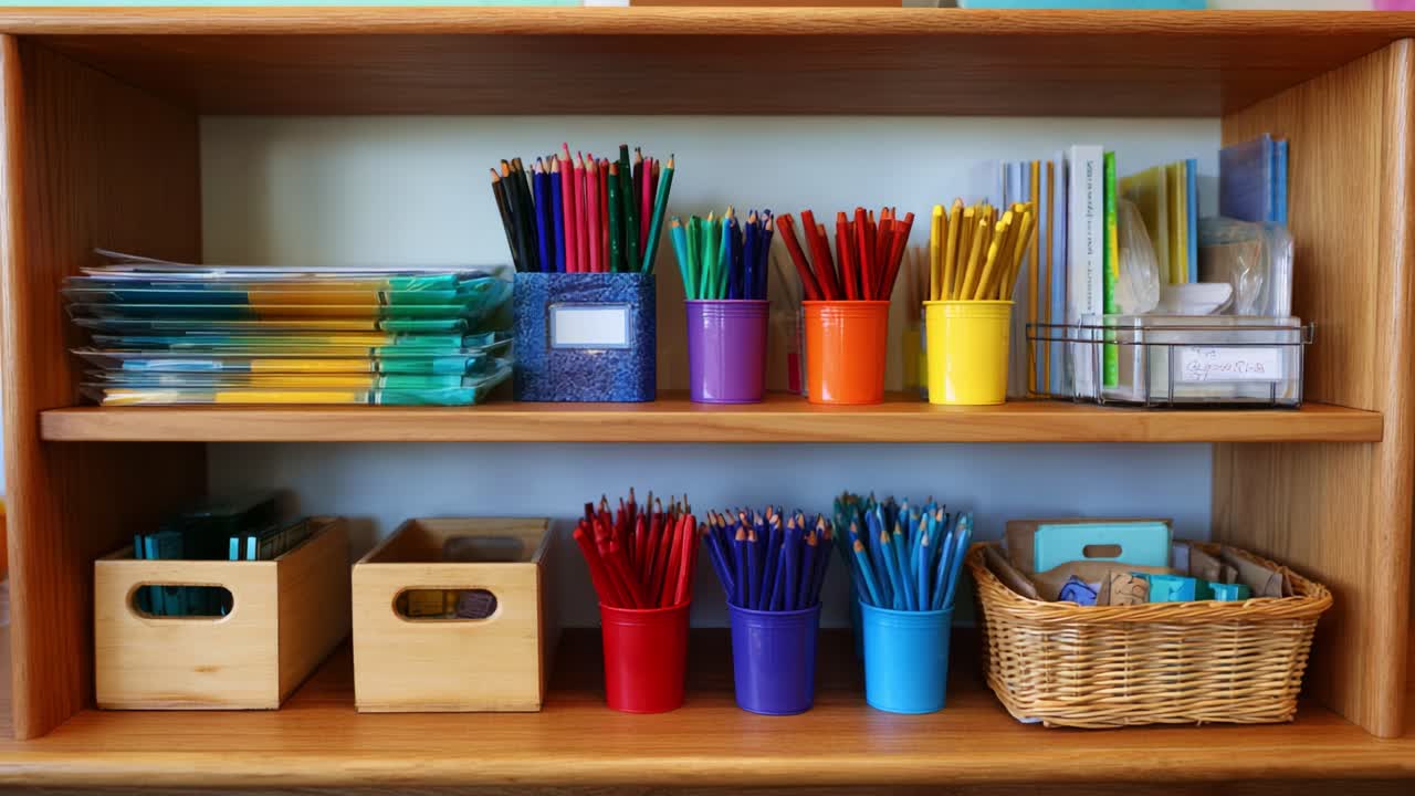Suministros de arte organizados y expuestos en estanterías con lápices de colores, rotuladores, papeles y cestas para una configuración eficiente de la estación de trabajo creativa