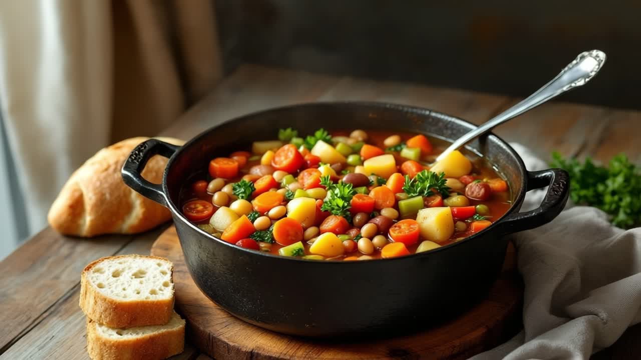 Colorful vegetable soup filled with various vegetables is served in a cast iron pot, accompanied by slices of fresh bread on a wooden table, creating a warm and inviting dining atmosphere