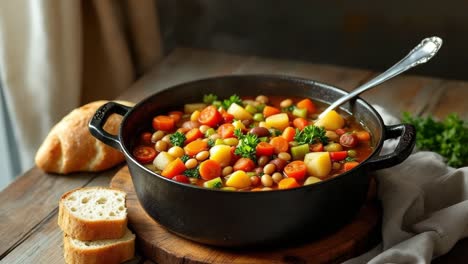 colorful vegetable soup filled with various vegetables is served in a cast iron pot, accompanied by slices of fresh bread on a wooden table, creating a warm and inviting dining atmosphere