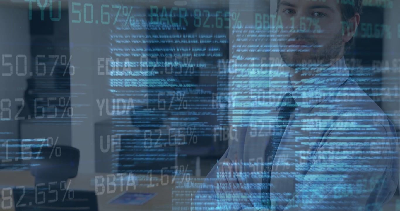Stock market data processing against portrait of caucasian businessman with crossed arms at office