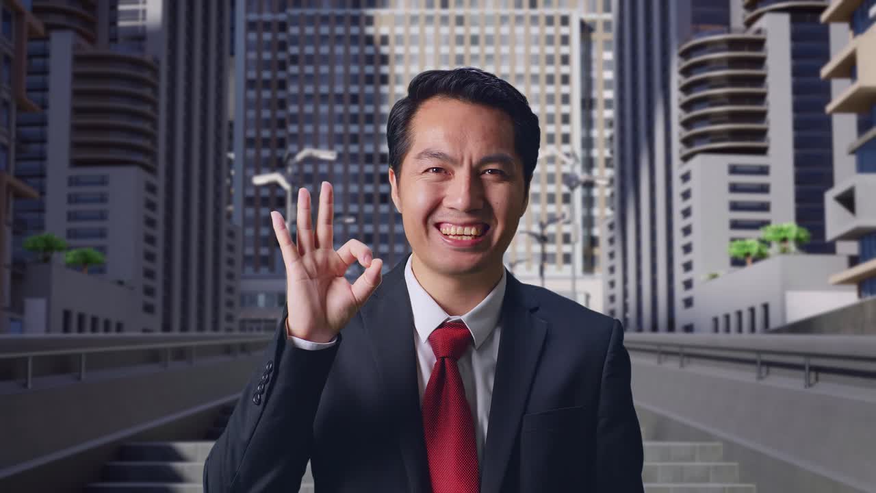 아시아 사업가 한 명 이 도시 에서 서 있는 동안  한 몸짓 을 하고 미소 를 지고 있다