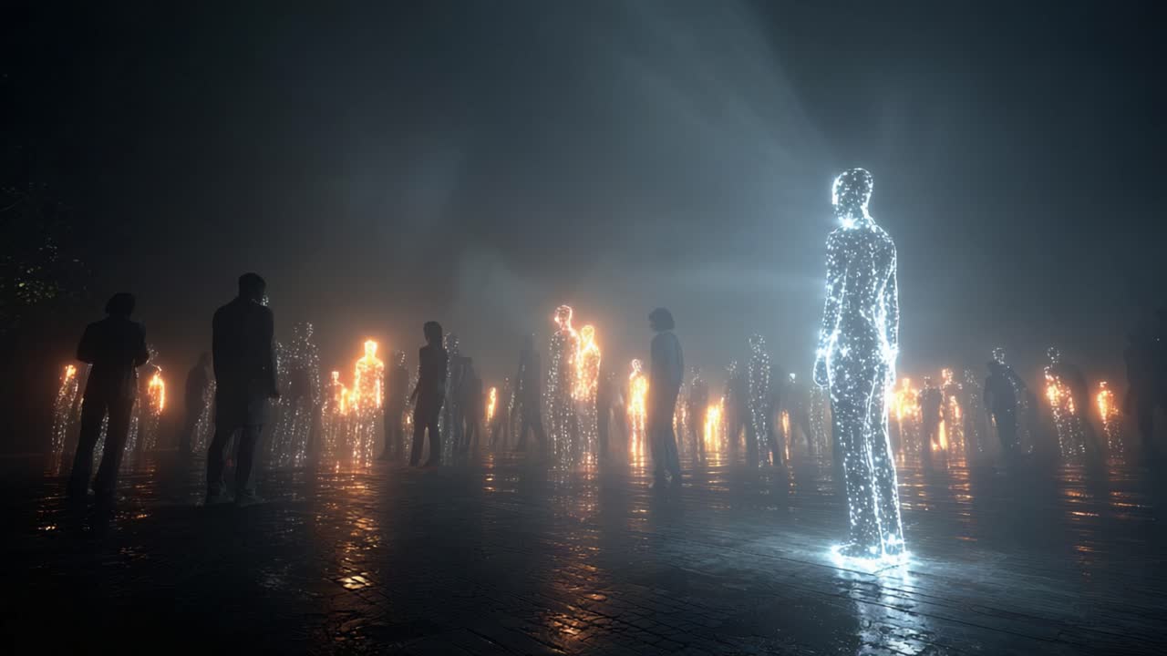 Ethereal glowing humanoids standing in a dark, foggy, otherworldly dimension with a prominent blue digital figure, representing concepts like spirituality, afterlife, consciousness, and metaphysics