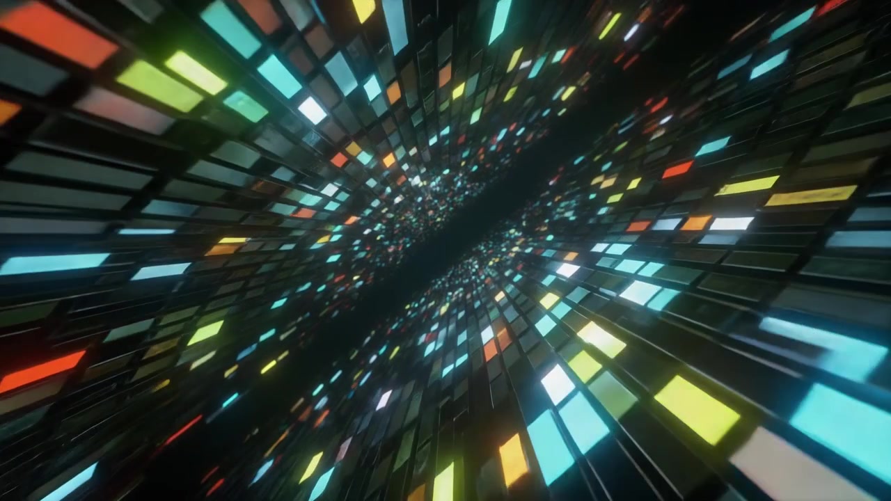 Abstrakt digital tunnel med glødende farverige rektangulære lys