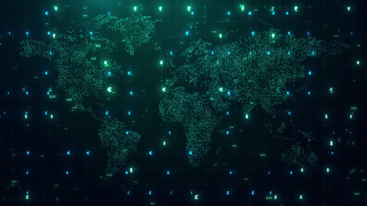 Símbolos de Moedas Globais Animados Sobre um Mapa-Múndi Digital Futurista em Fundo Financeiro Verde Escuro