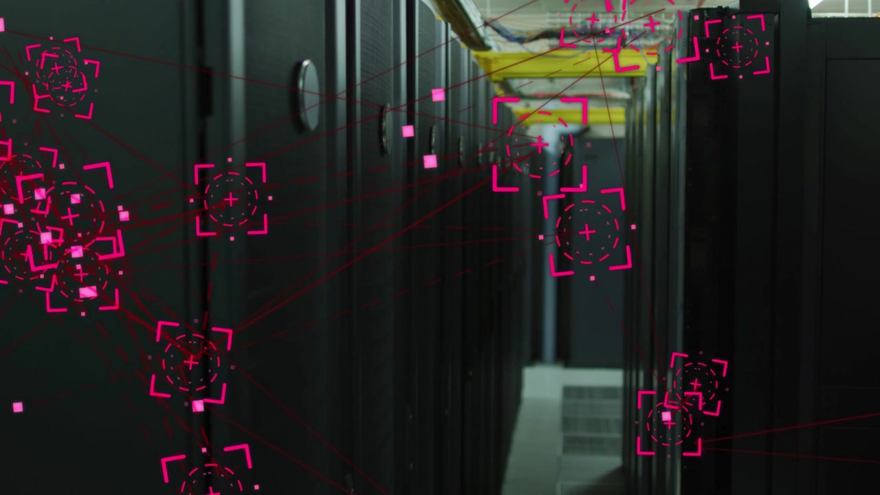 Data center aisle receiving scan, magenta markers spreading and highlighting ports for monitoring