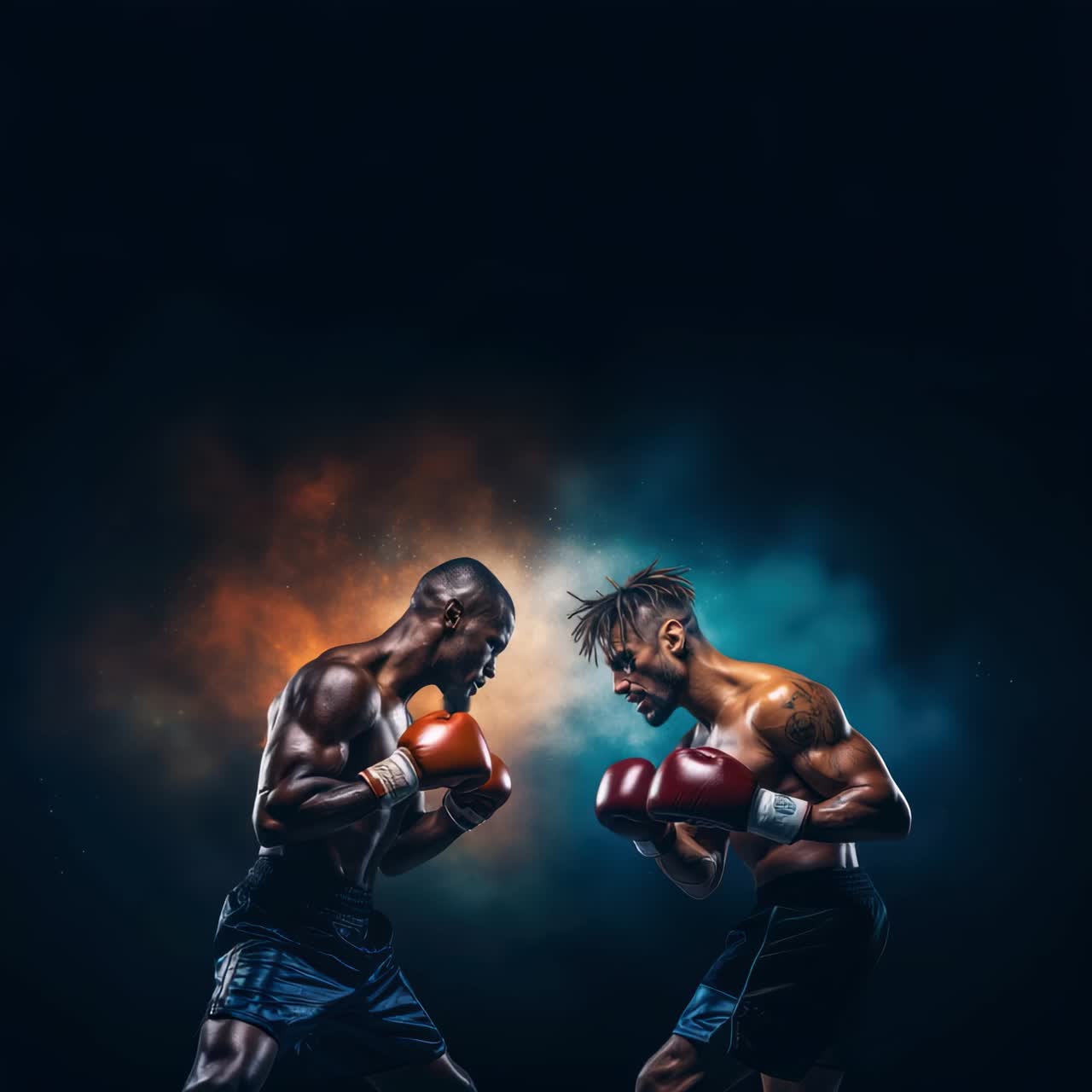 Dynamic video concept of two boxers facing off, captured from a low angle