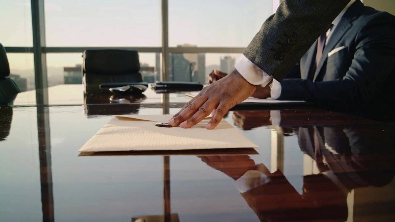 Uomo in abito che posa la mano su una busta di manila sigillata in un ufficio in grattacielo