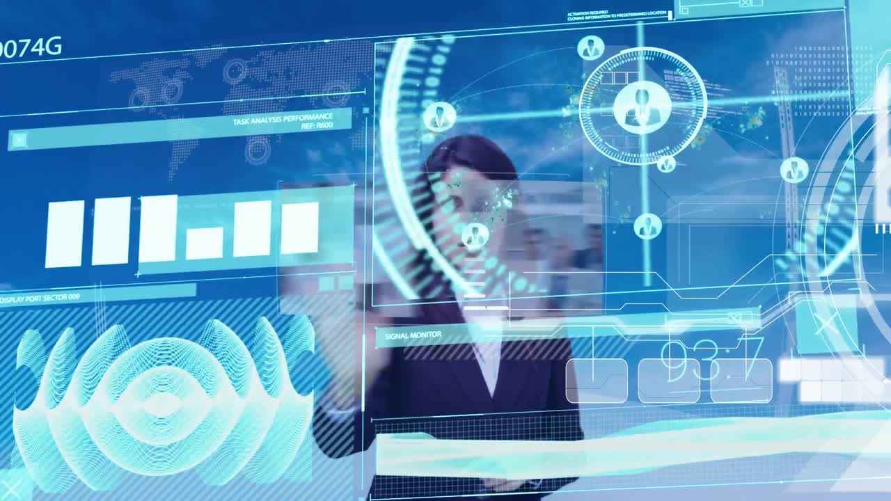 animación del procesamiento de datos y estadísticas a través de pantallas y mujer de negocios