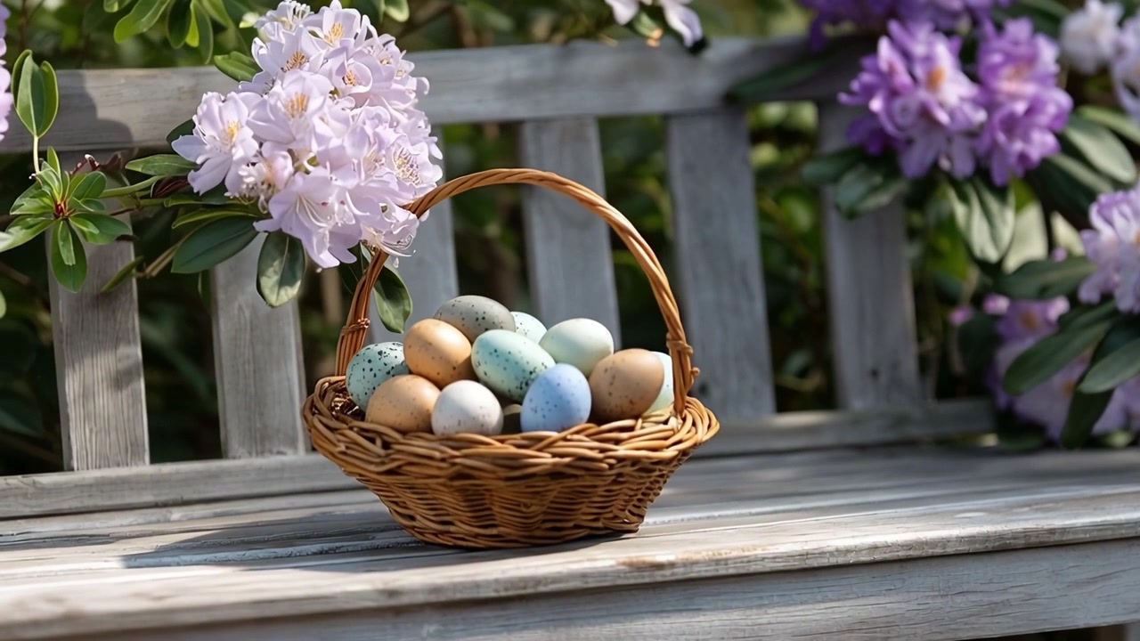 Colorful Easter Eggs in a Wicker Basket on a Garden Bench