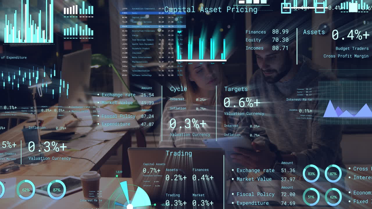Animation of financial data processing over diverse business people in office