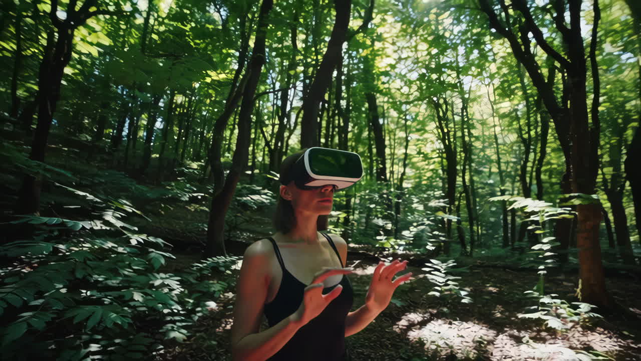 Donna con visore VR in una foresta