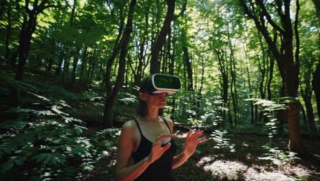 woman in vr headset interacting in a forest