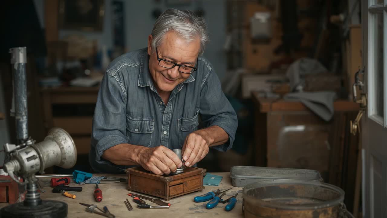 Primer plano de un fabricante sénior arreglando una caja de madera en un taller, con camisa vaquera y gafas, usando un eje.