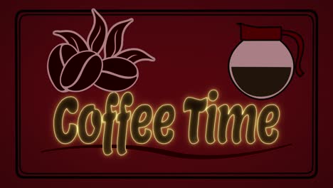 vibrant and classic animated motion graphic of a coffee pot pouring to reveal the words coffee time, with stylish coffee beans and leaves motif and a deep red background