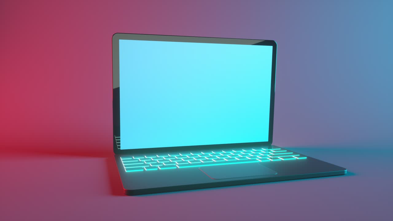 Gamer laptop opening with empty screen on red and blue background. Mock up. 3d render