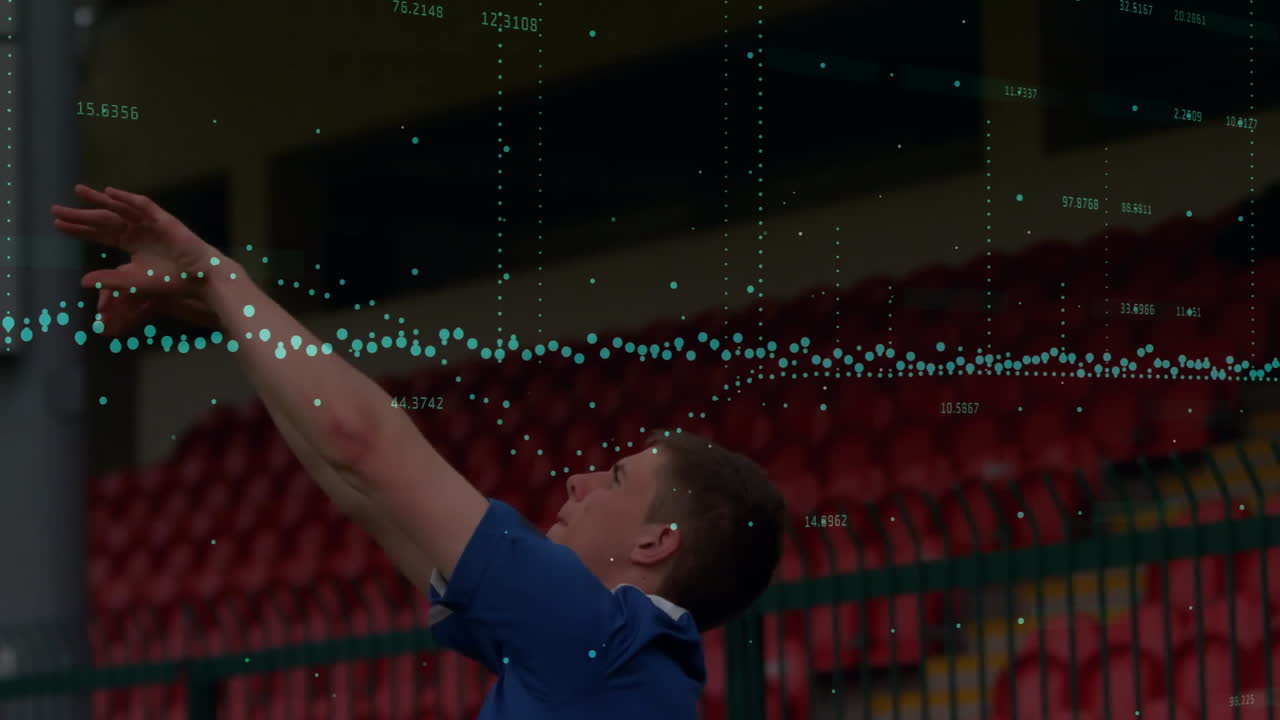 Young athlete reaching for volleyball with data processing animation overlay