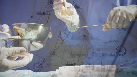 animation of network of connections and data processing over surgeons in operating theater