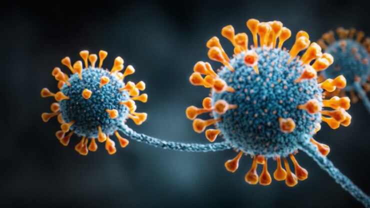 Nærgående undersøgelse af en viral struktur, der fremviser intrikate detaljer, levende teksturer og farverige træk, som fremhæver biologisk kompleksitet og mikroskopisk liv.