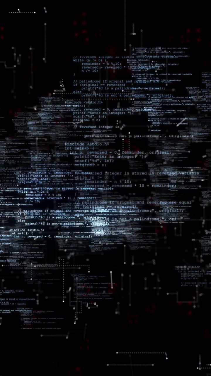 Tech dark programming code network background floating script blocks circuit node paths red accents