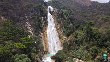 Beautiful-El-Chiflon-Waterfall,-Chiapas-Mexico,-4K-aerial-wide-view,-arc-shot