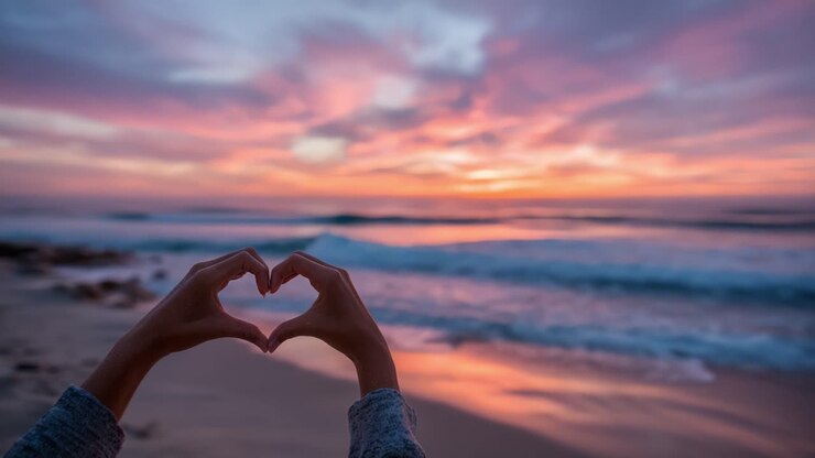 Un Tocco Sincero: Catturando un Bel Momento al Tramonto sulla Spiaggia, con Mani Che Formano un Cuore Contro un Cielo Abbagliante di Colori e Onde Oceaniche.