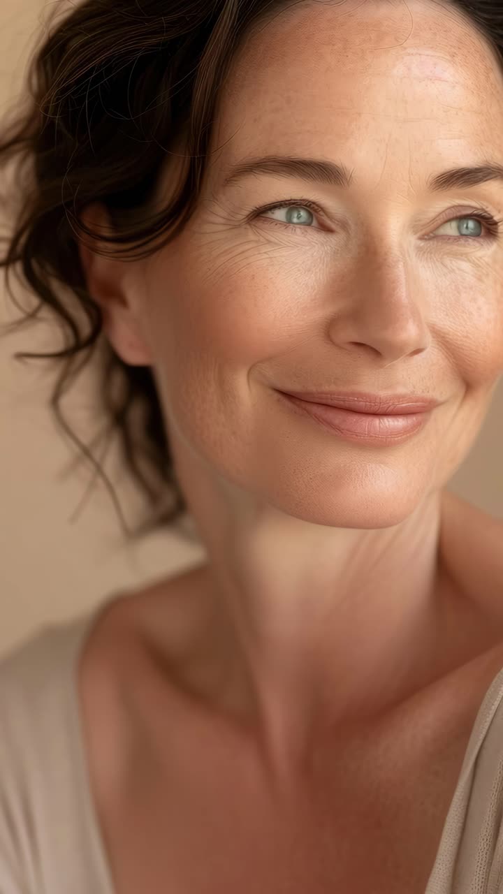Close-up portrait of a smiling woman with soft lighting, capturing a serene and natural look