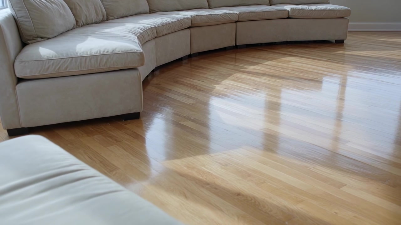 Panning camera moving through living room, showing curved cream sofa, ottoman and floor reflections