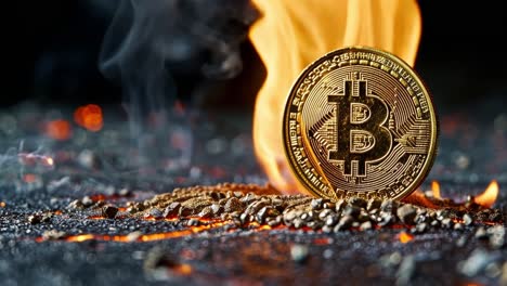 bitcoin coin on fire amidst embers