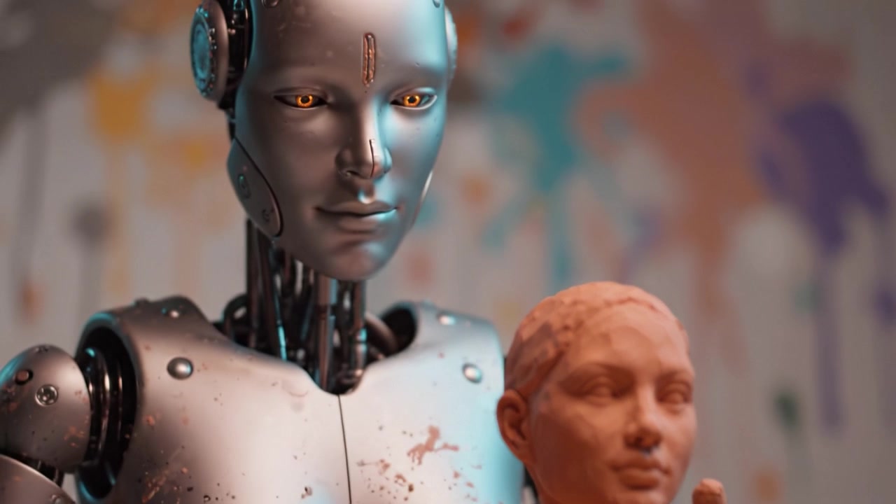 Scultura Robotica Avanzata: Un Robot Artista modella abilmente l'argilla per creare una scultura realistica di un volto umano, evidenziando l'innovazione nella robotica e nell'arte.