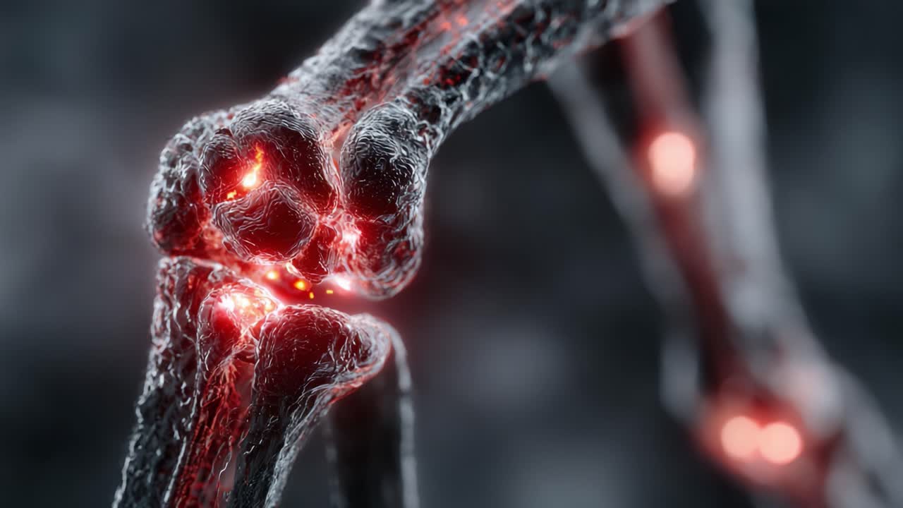 Et nærbillede af et digitalt led med glødende indikatorer, der fremhæver potentiel inflammation og smerte, perfekt til at udforske medicinske og biologiske visualiseringskoncepter