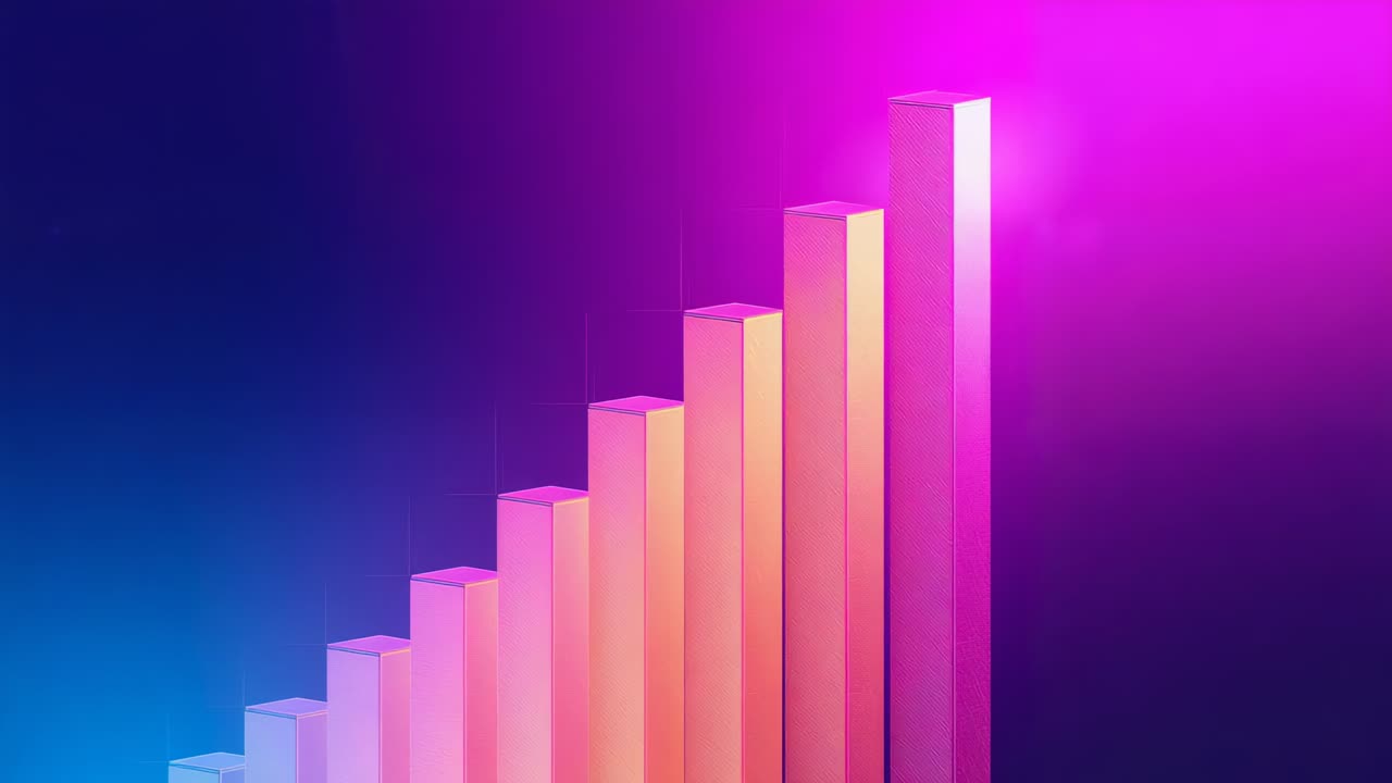 Panning camera right and zooming in at studio to emphasize tallest bars with magenta glow