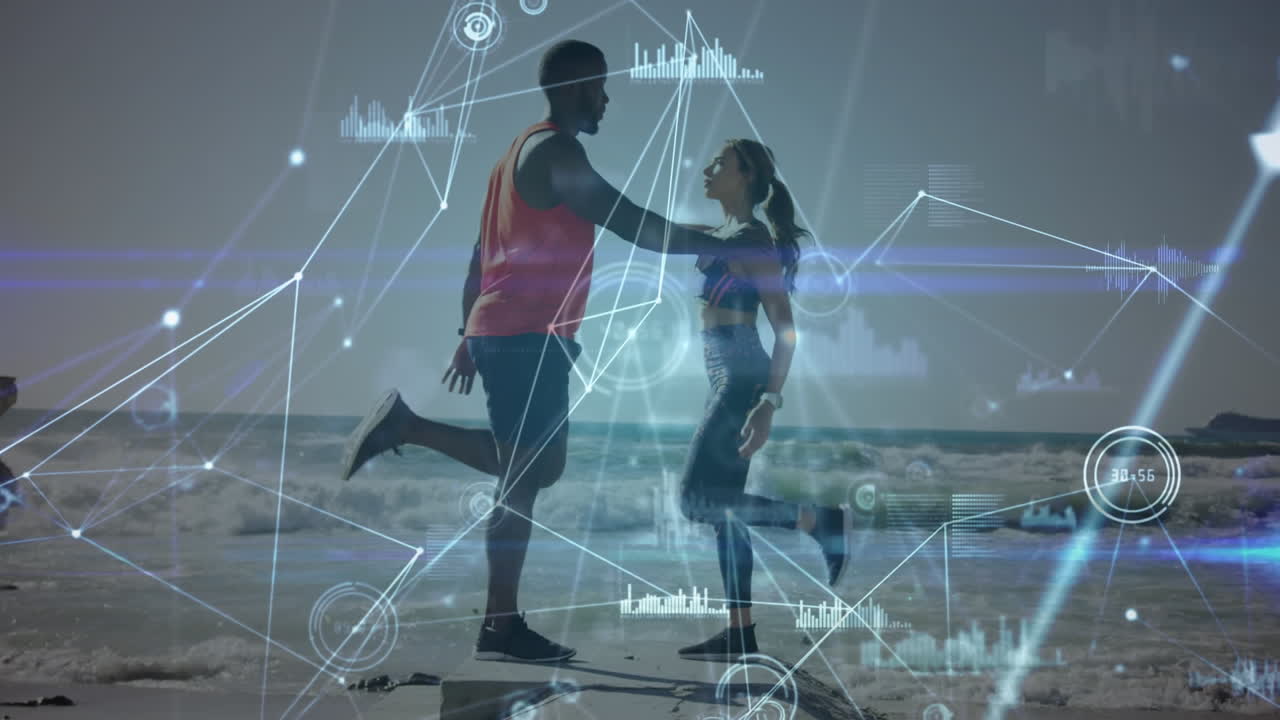 animación de la red de conexiones sobre mujeres y hombres que hacen ejercicio al aire libre