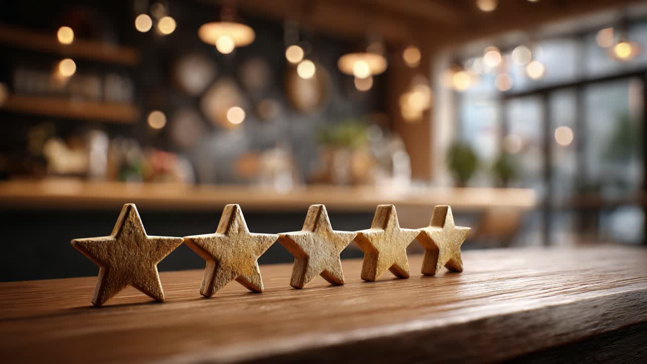 A Set of Wooden Star Ratings Displayed on a Rustic Table in a Cozy Café Ambience, Capturing the Essence of Quality and Customer Satisfaction