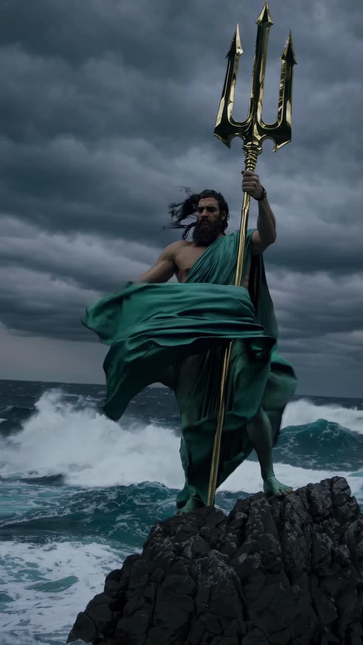 Dramatic video concept of a mythical sea god with a trident, standing on rocks against stormy seas