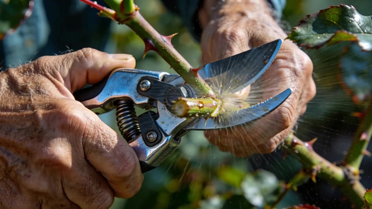 Placing pruning shear, hands with bare arms cutting rose cane in garden to prune, with sap
