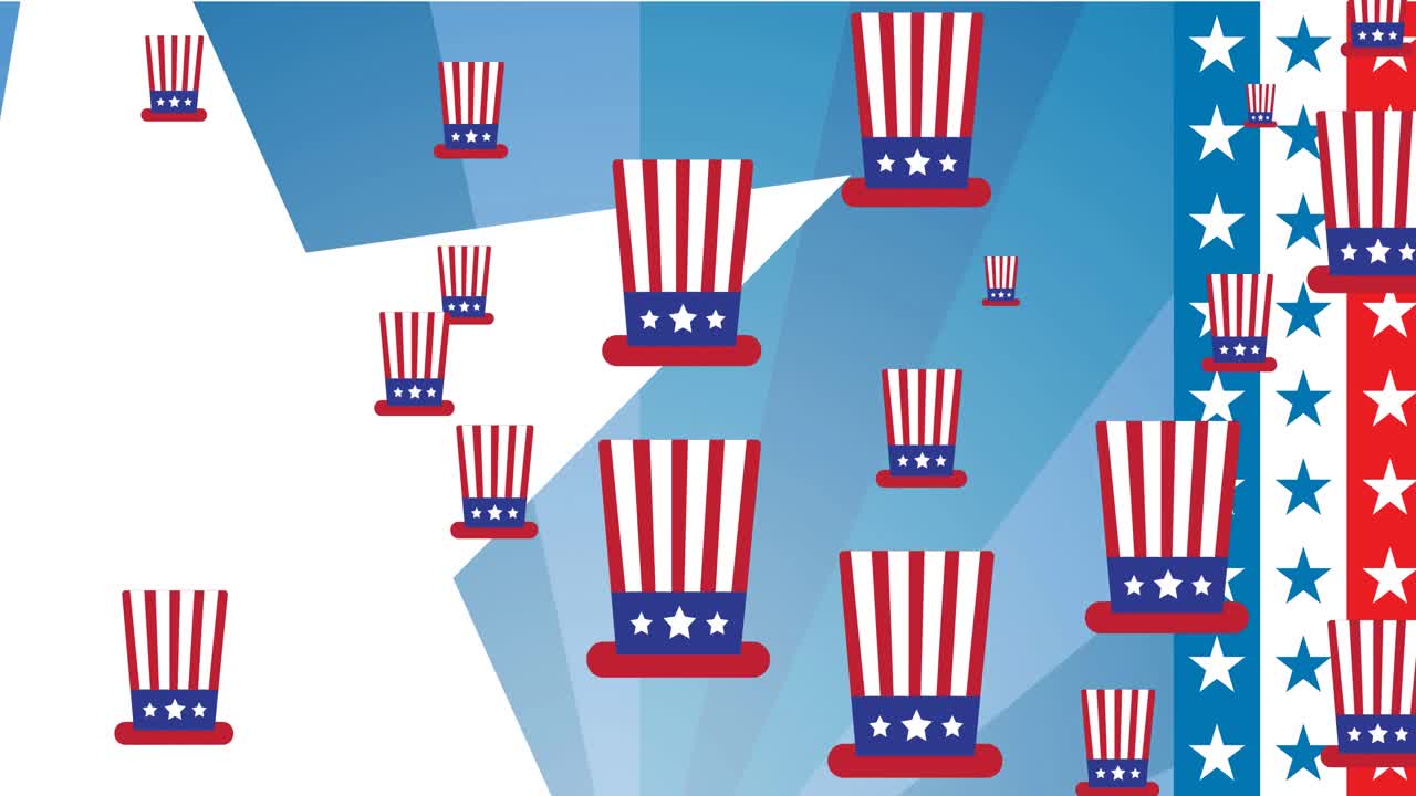 Animation of hats coloured in american flag over stars and stripes background