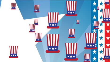 animation of hats coloured in american flag over stars and stripes background