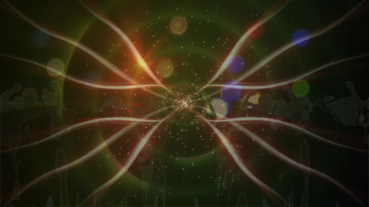 animación digital de rastros de luz y puntos coloridos de luz contra las siluetas de personas bailando