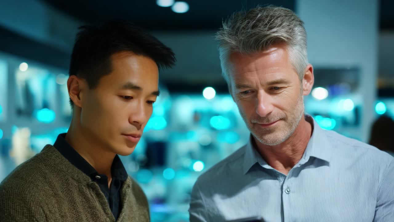 Engaging Conversation Between Two Men in a Modern Retail Environment, Sharing Insights and Thoughts While Observing a Mobile Device, Captivated in a Moment of Connection and Understanding