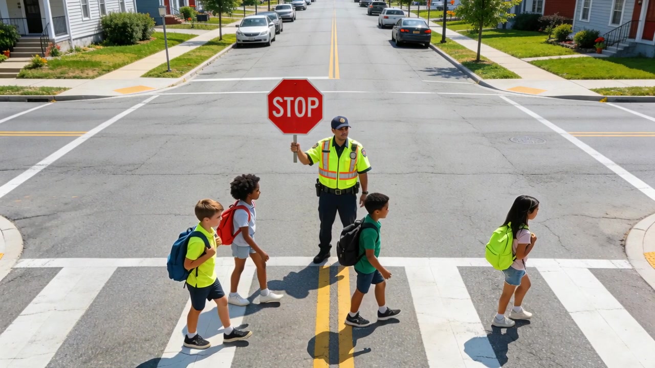 Guardia in gilet giallo che tiene un segnale di stop e guida i bambini che attraversano le strisce pedonali della scuola per sicurezza.