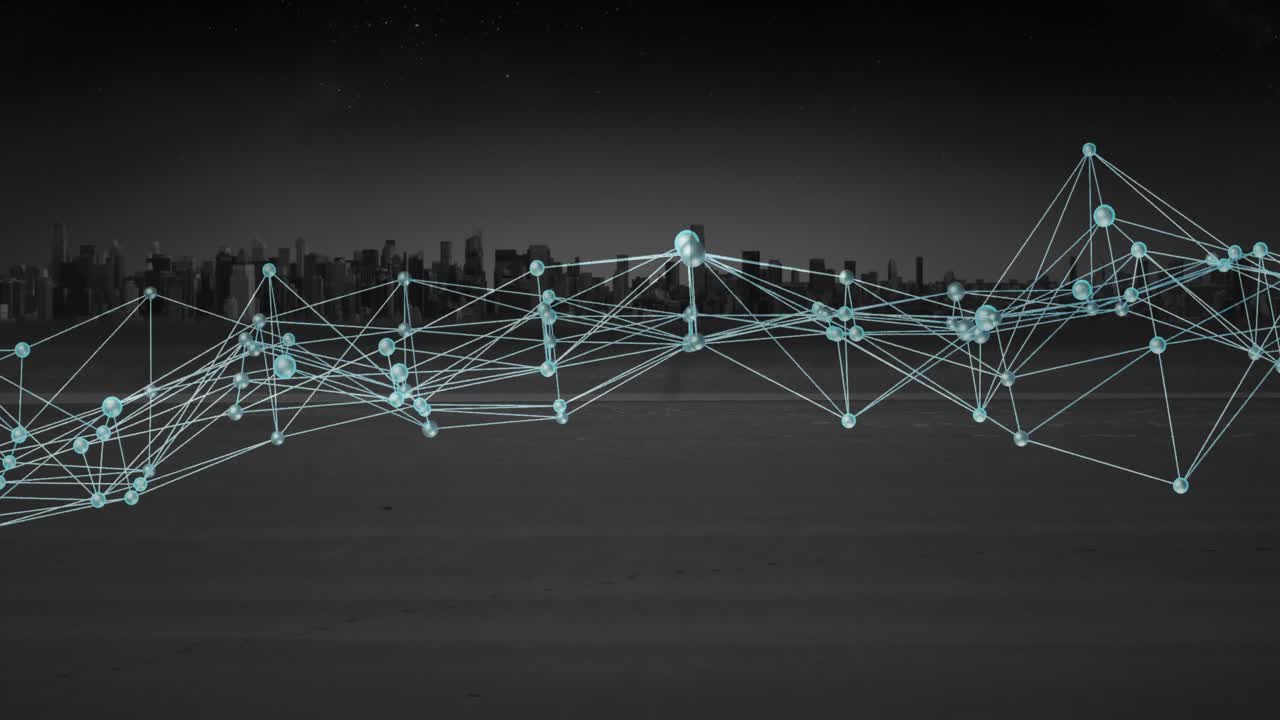 Digital network floating above floor in 3D, showcasing glowing blue nodes and luminescent lines
