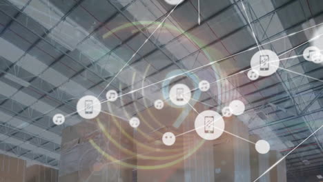 animation of network of connections with icons over countdown and warehouse