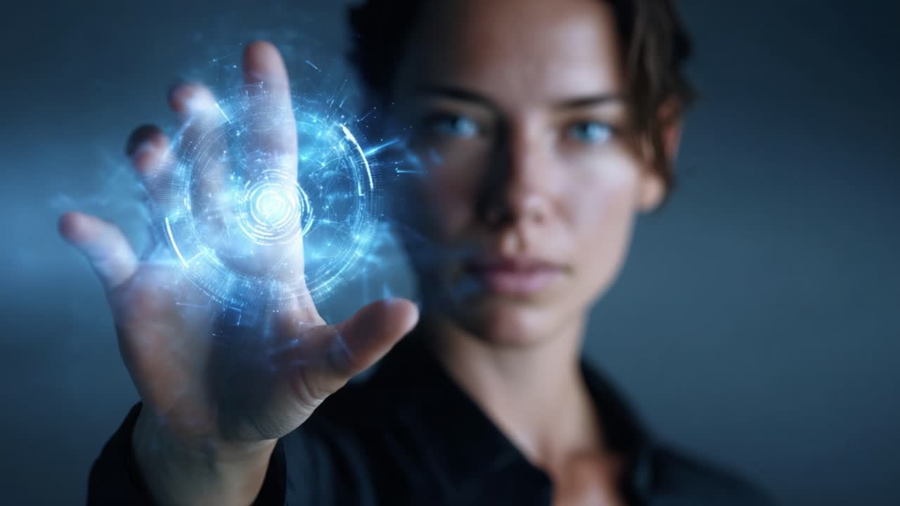 Uma pessoa gera um campo de energia circular e brilhante com a mão, exibindo uma habilidade poderosa e mística em um cenário futurista e tecnológico