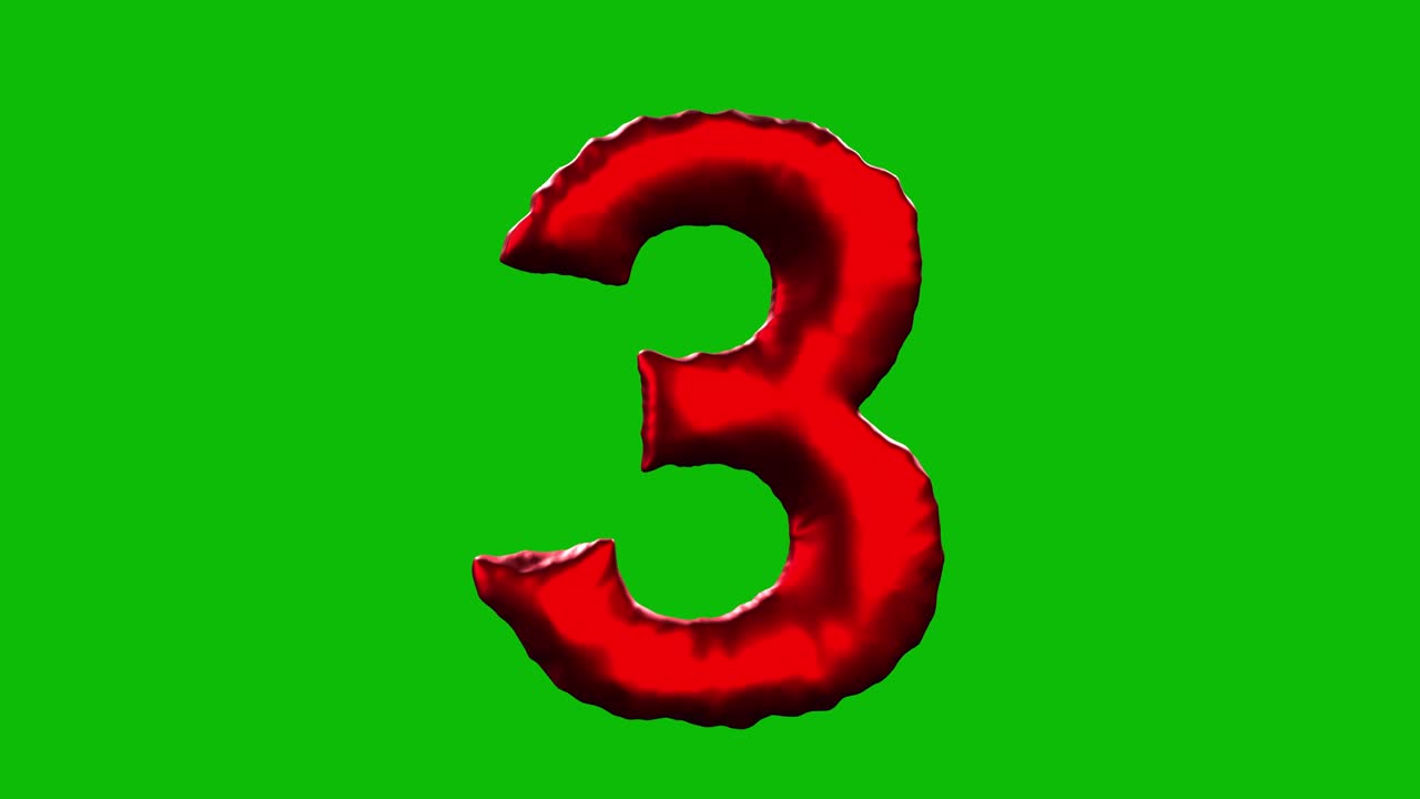 Red Foil balloon number 3 inflates, spins, and reveals on green screen in 3D animation. Ideal for celebrations, parties, birthdays, and video editing projects