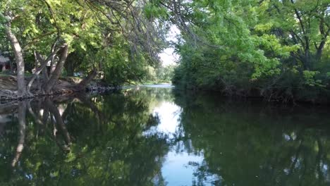 Drone-footage-over-calm-Boise-river-through-the-trees